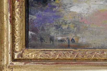 School of the XXth. Harbor landscape, oil...