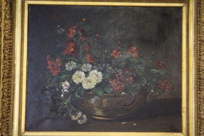 Paul FORET (XIX). Flowered planter. Oil on...