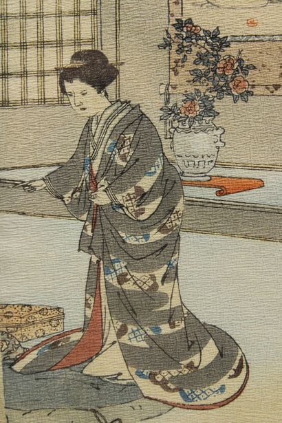 JAPAN. Polychrome print showing a woman in...
