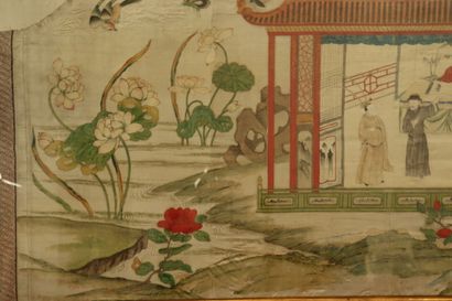 CHINA. The temple, painting on silk. Framed...