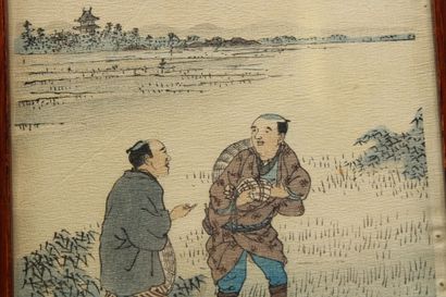 JAPAN. Print in ink and polychrome, two characters...