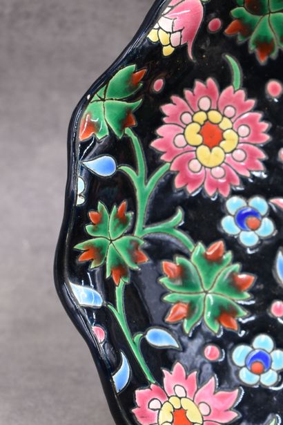LONGWY. Ceramic cup on foot with enamelled...