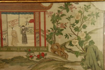CHINA. The temple, painting on silk. Framed...