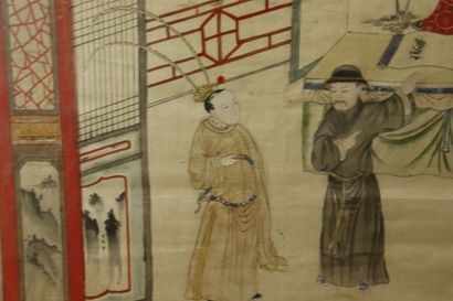 CHINA. The temple, painting on silk. Framed...