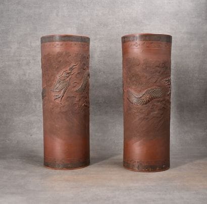 CHINA. Pair of Yixing scroll vases in terra...