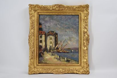School of the XXth. Harbor landscape, oil...