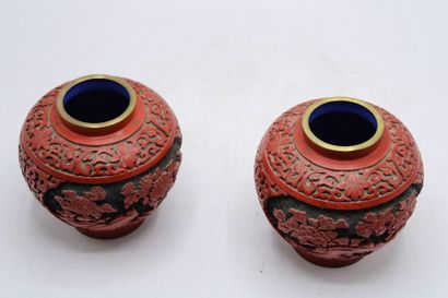 CHINA. Pair of covered pots in red lacquered...