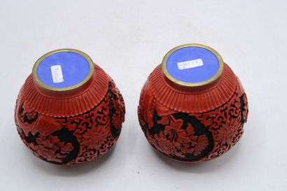 CHINA. Pair of covered pots in red lacquered...