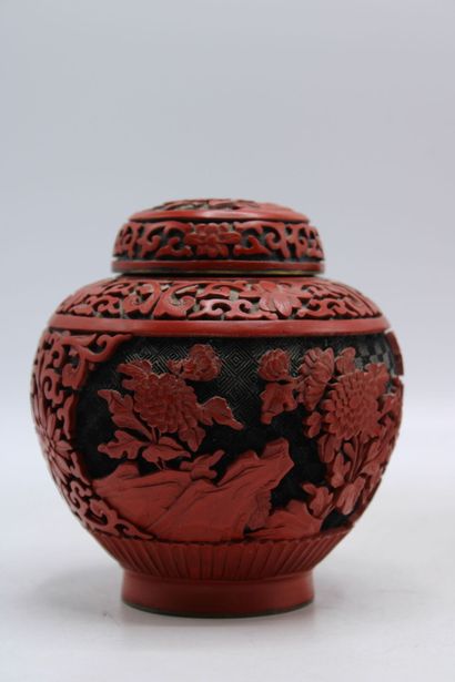 CHINA. Pair of covered pots in red lacquered...
