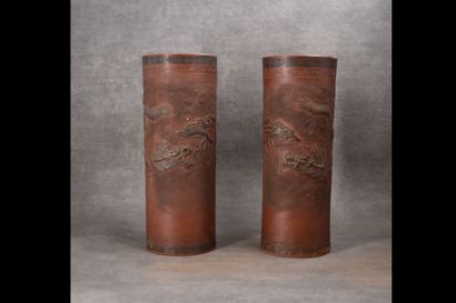 CHINA. Pair of Yixing scroll vases in terra...