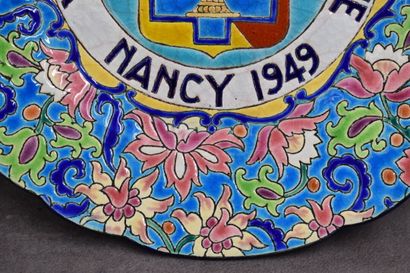 LONGWY. Earthenware dish decorated in cloisonné...