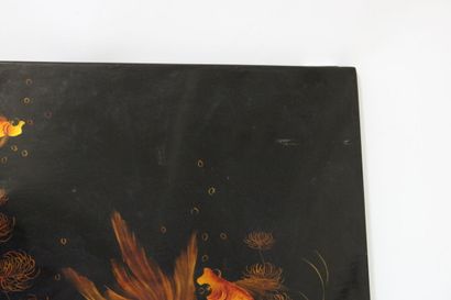 CHINA. Black lacquered wood panel decorated...