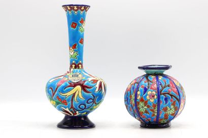 LONGWY. Earthenware baluster vase with polychrome...