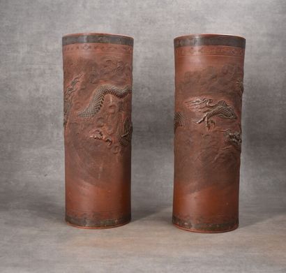 CHINA. Pair of Yixing scroll vases in terra...