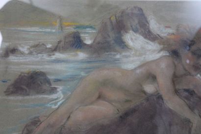 Yves DYE (XIX-XXth)
Naked woman on a rock,...