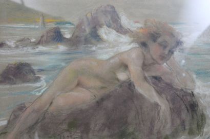 Yves DYE (XIX-XXth)
Naked woman on a rock,...