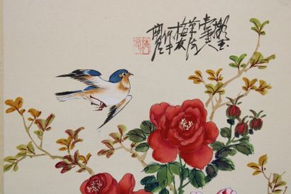 CHINE 
Réunion de deux aquarelles sur tissu...