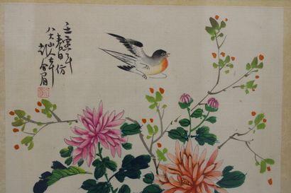 CHINE 
Réunion de deux aquarelles sur tissu...