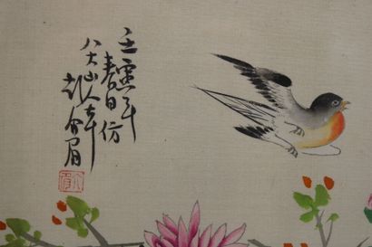 CHINE 
Réunion de deux aquarelles sur tissu...
