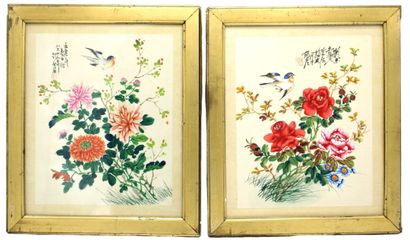CHINE 
Réunion de deux aquarelles sur tissu...