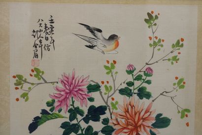 CHINE 
Réunion de deux aquarelles sur tissu...