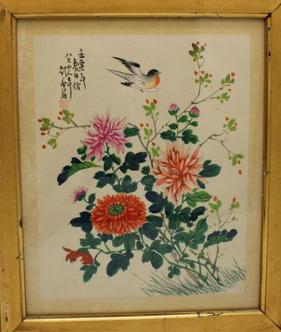 CHINE 
Réunion de deux aquarelles sur tissu...