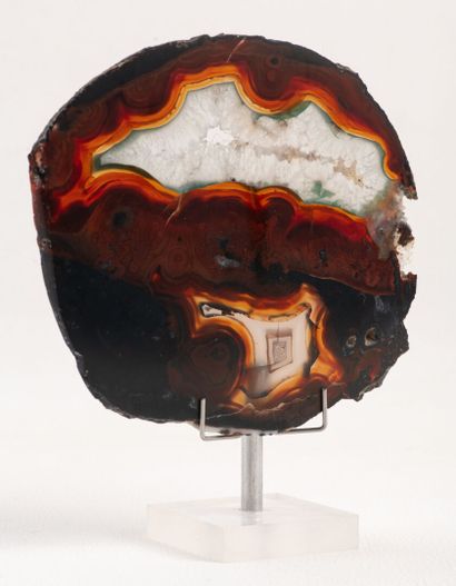 Thin slice of polished Brazilian agate in...