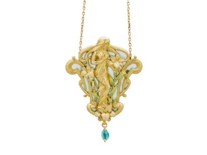 Pendant brooch in finely chased satin-finish...