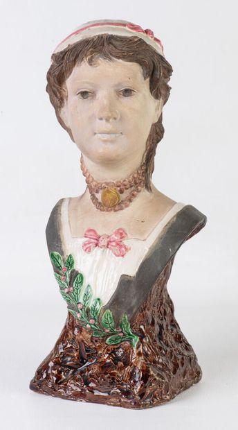 Bust of a woman in barbotine, signed 