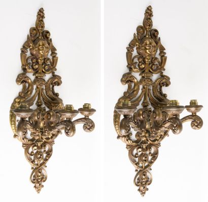 Pair of bronze 3-branch sconces decorated...