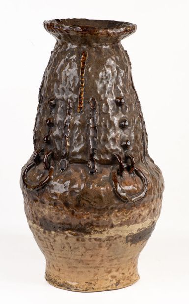 Brown glazed stoneware baluster vase, restoration...