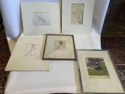 lot de 5 dessins et aquarelles de J ROY,...