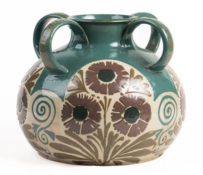 ELCHINGER. Vase en céramique à 4 anses, turquoise...