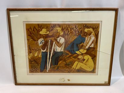 A Savin, ramassage des blés, lithograph,...