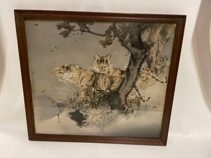 Framed fabric depicting two tigers at the...
