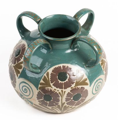 ELCHINGER. Vase en céramique à 4 anses, turquoise...
