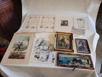 A lot of 10 framed pieces including a vase...