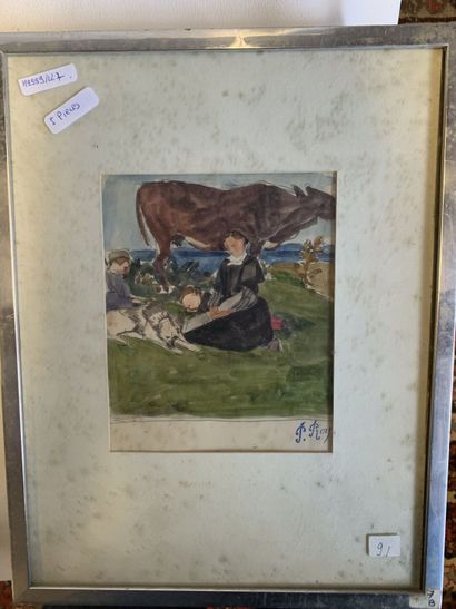 lot de 5 dessins et aquarelles de J ROY,...