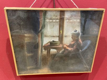 Andreé Delions, femme à la couture, pastel,...