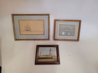 Lot de 3 encadrements sur la marine comprenant...