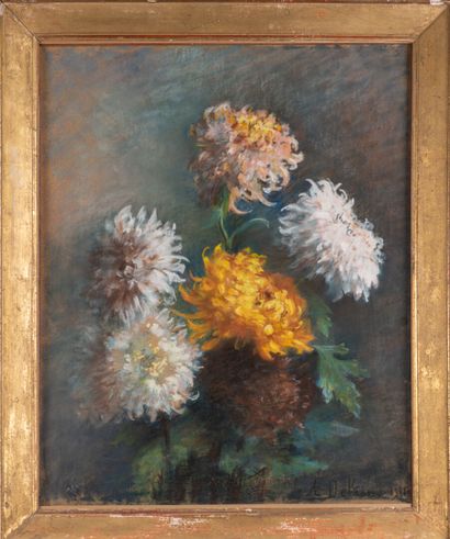 Andrée Délions, composition aux fleurs, pastel,...