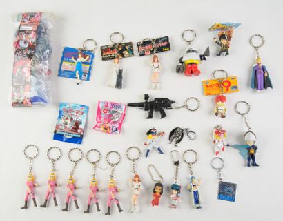 a set of various key rings. Some figurin...
