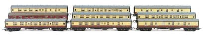 HORNBY. A set of 9 beige and burgundy cars,...