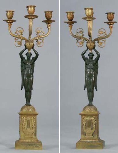 Paire de candélabres en bronze doré et patiné...