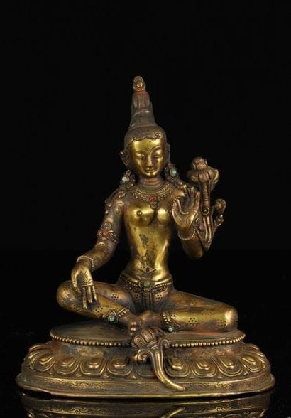 China Tibet gilt bronze goddess with Qing...