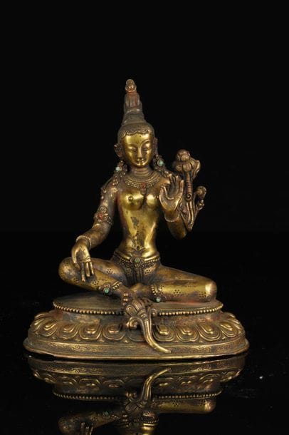 China Tibet gilt bronze goddess with Qing...