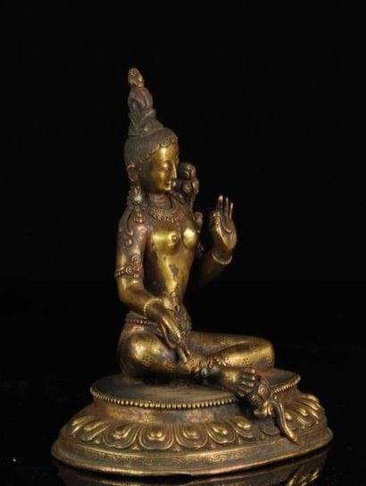 China Tibet gilt bronze goddess with Qing...