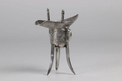 China solid silver wine cup with archaic...