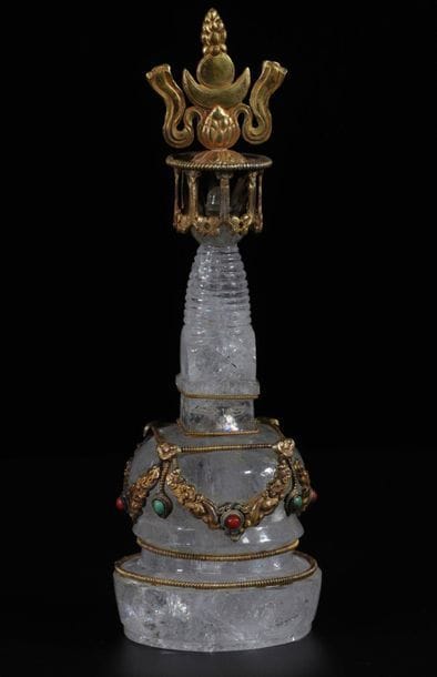 Rare Tibet Stupa in gilded bonze rock crystal...