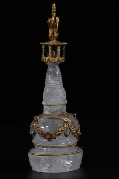 Rare Tibet Stupa in gilded bonze rock crystal...